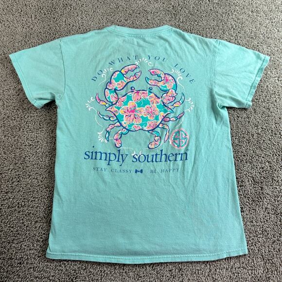 Simply Southern Shirt Womens Small Blue Green Do What You Love Crab Preppy - Picture 1 of 12